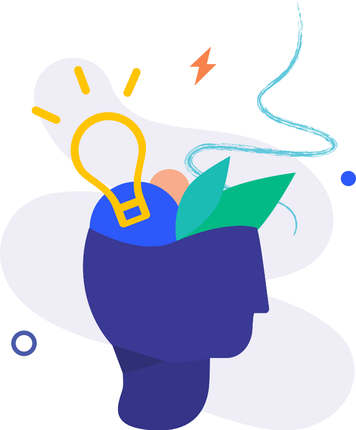 Abstract shapes coming out from a person's head with a light bulb over it